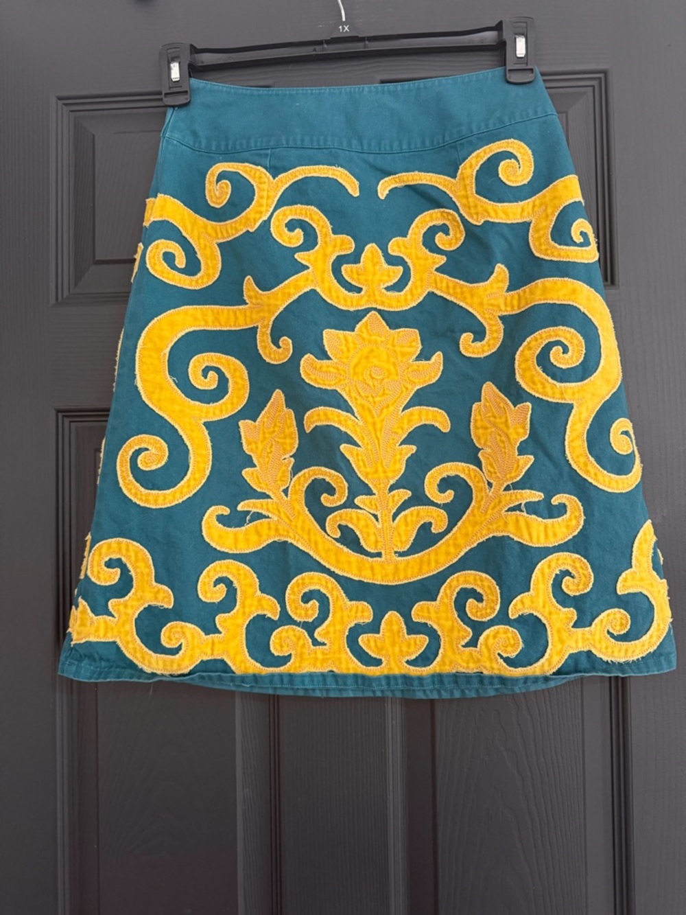 Boden Teal A-Line Skirt with Yellow Embroidered Motif - Picture 3 of 8